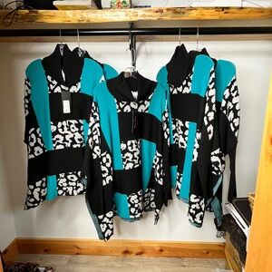 Cowl Neck Colorblock Leopard Poncho- Teal & Black